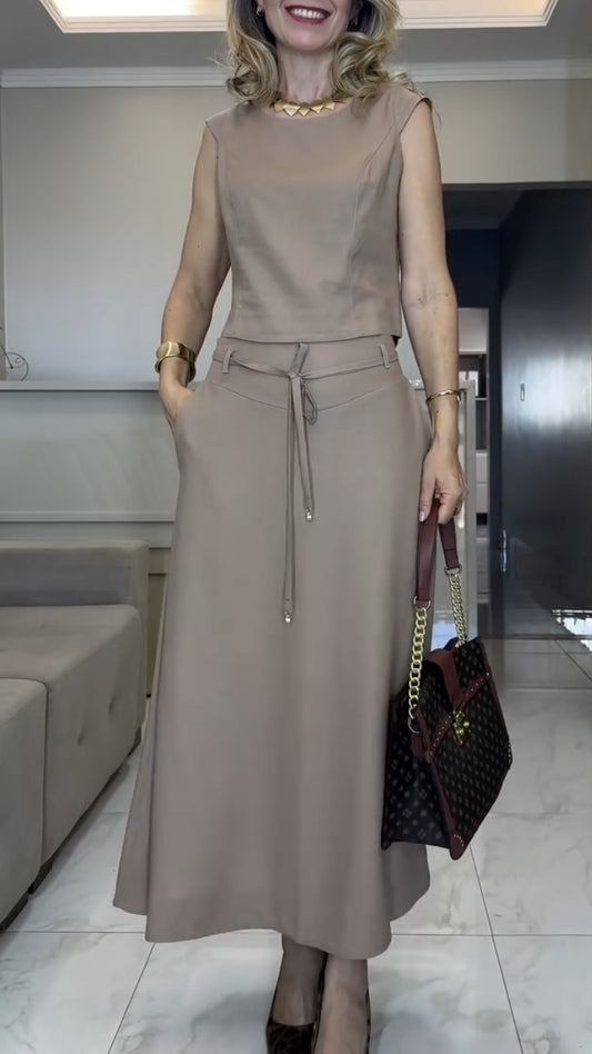 Beige Sleeveless Top & Midi Skirt Co-Ord Set