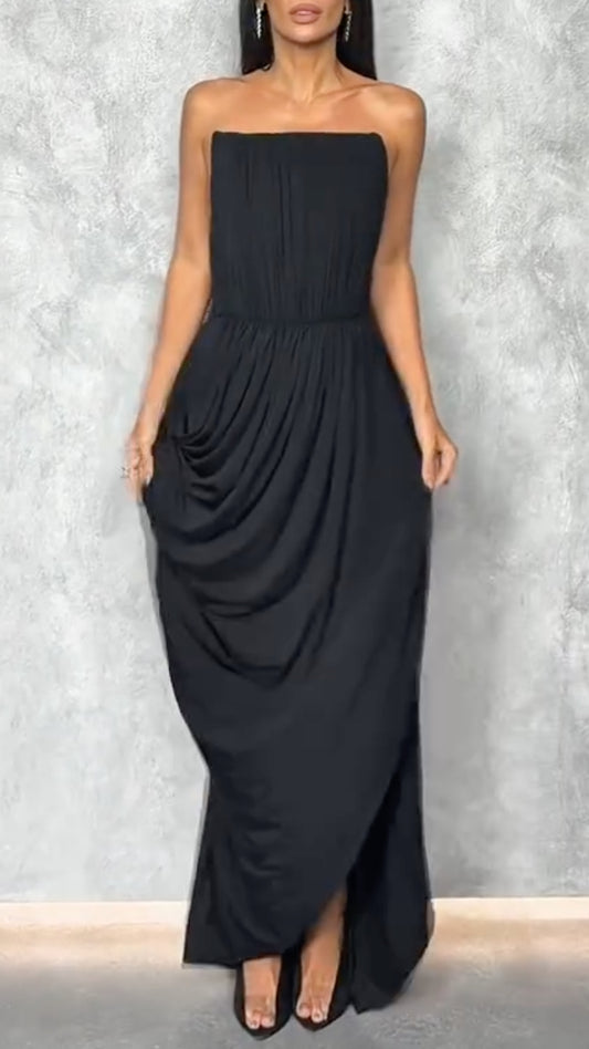 Black Strapless Draped Maxi Dress