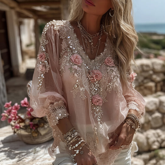 Women's Vintage Pink Floral Art Print Flowy Linen Blend Casual V Neck Tops