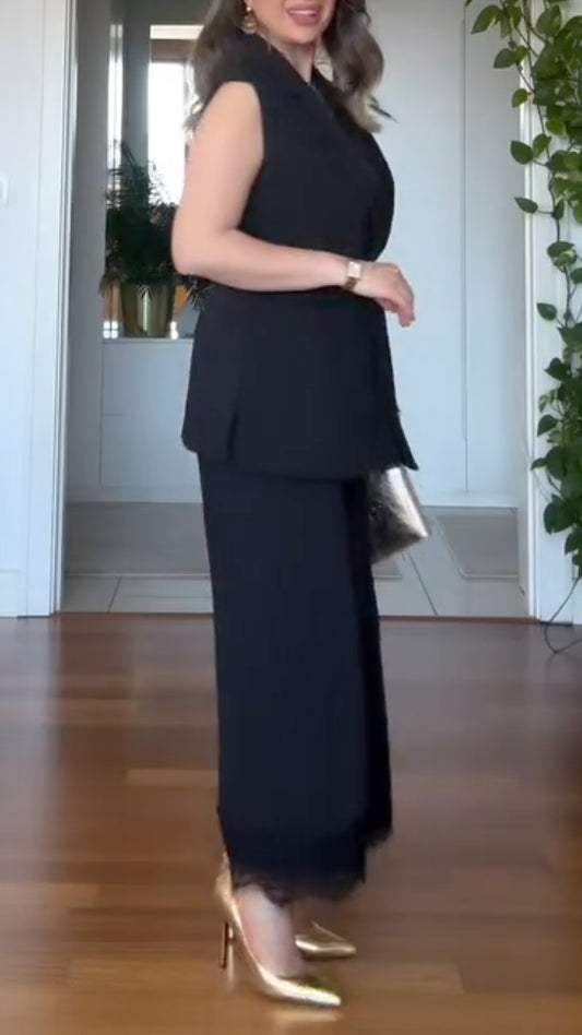 Black Belted Blazer Vest and Culottes Set