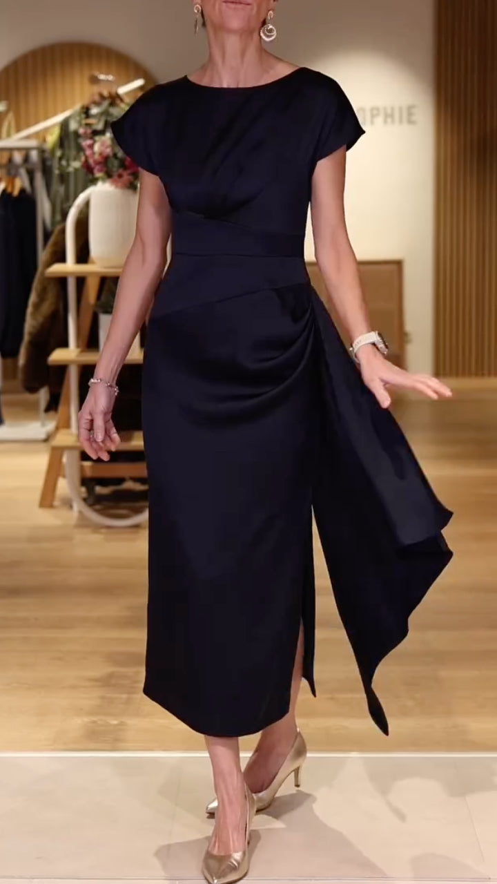 Satin Asymmetric Draped Midi Dress