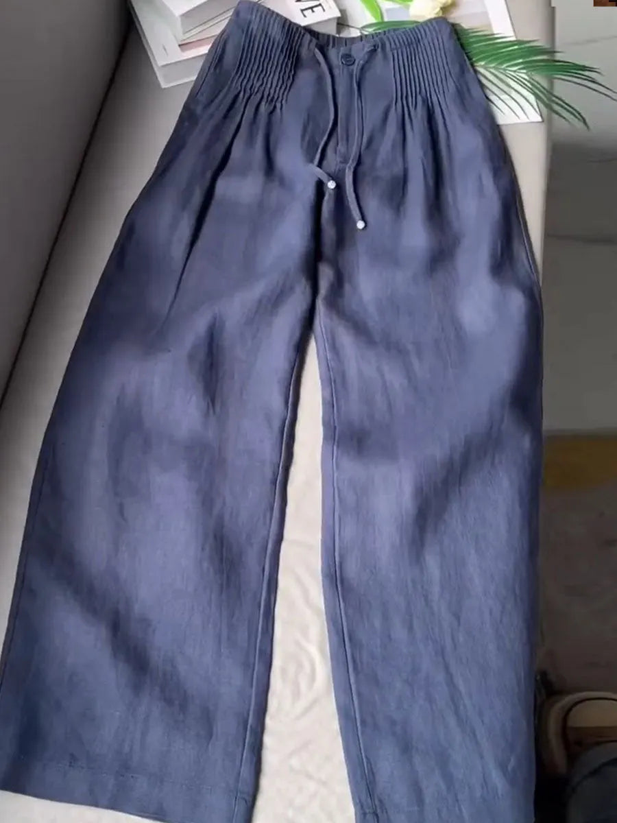 Women's Solid-color High-waisted Pleated Casual Loose Cotton-linen Wide-leg Pants