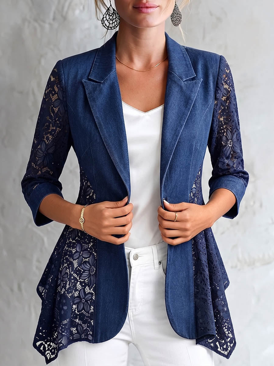Women's Casual Slim-fit Denim Jacket With Notched Collar 3/4 Sleeves, And Lace Paneling