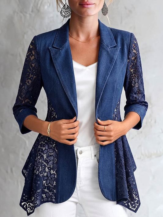 Women's Casual Slim-fit Denim Jacket With Notched Collar 3/4 Sleeves, And Lace Paneling