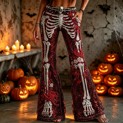 Women's Retro Skull Floral Sequin Pants