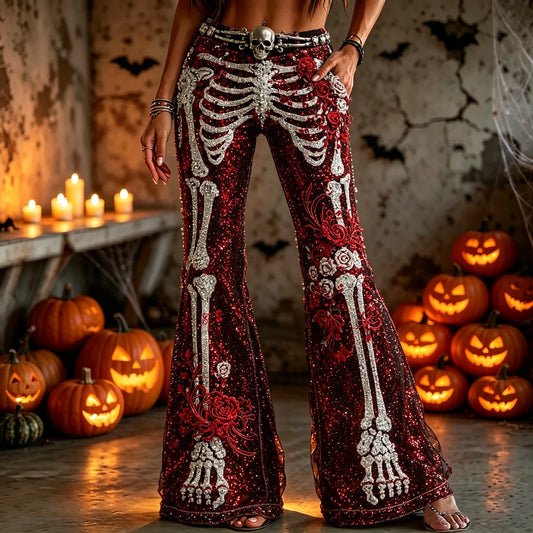Women's Retro Skull Floral Sequin Pants