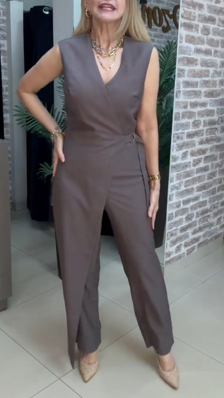 Taupe Wrap-Front Sleeveless Jumpsuit