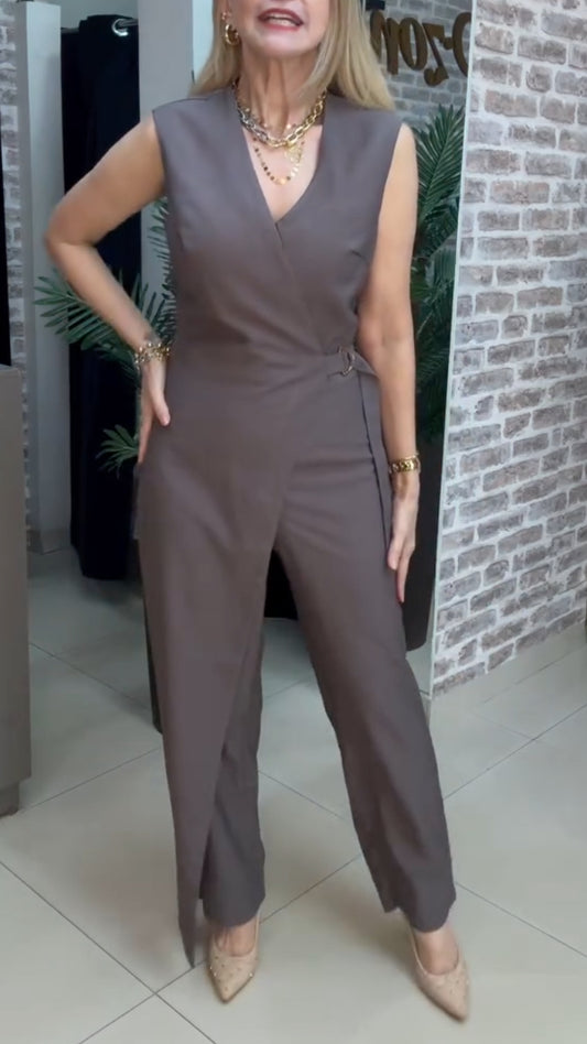Taupe Wrap-Front Sleeveless Jumpsuit