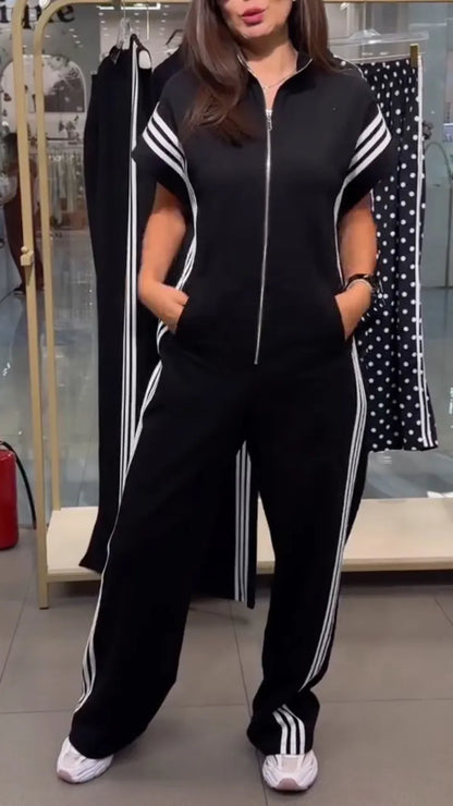 Black Stripe Side Zip‑Up Jumpsuit