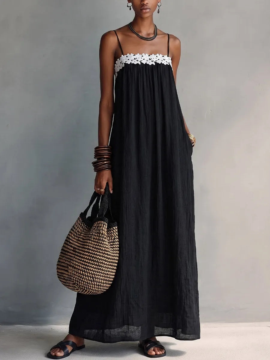 Women's Solid-color Patchwork Casual Loose A-line Cotton-linen Strapless Camisole Dress