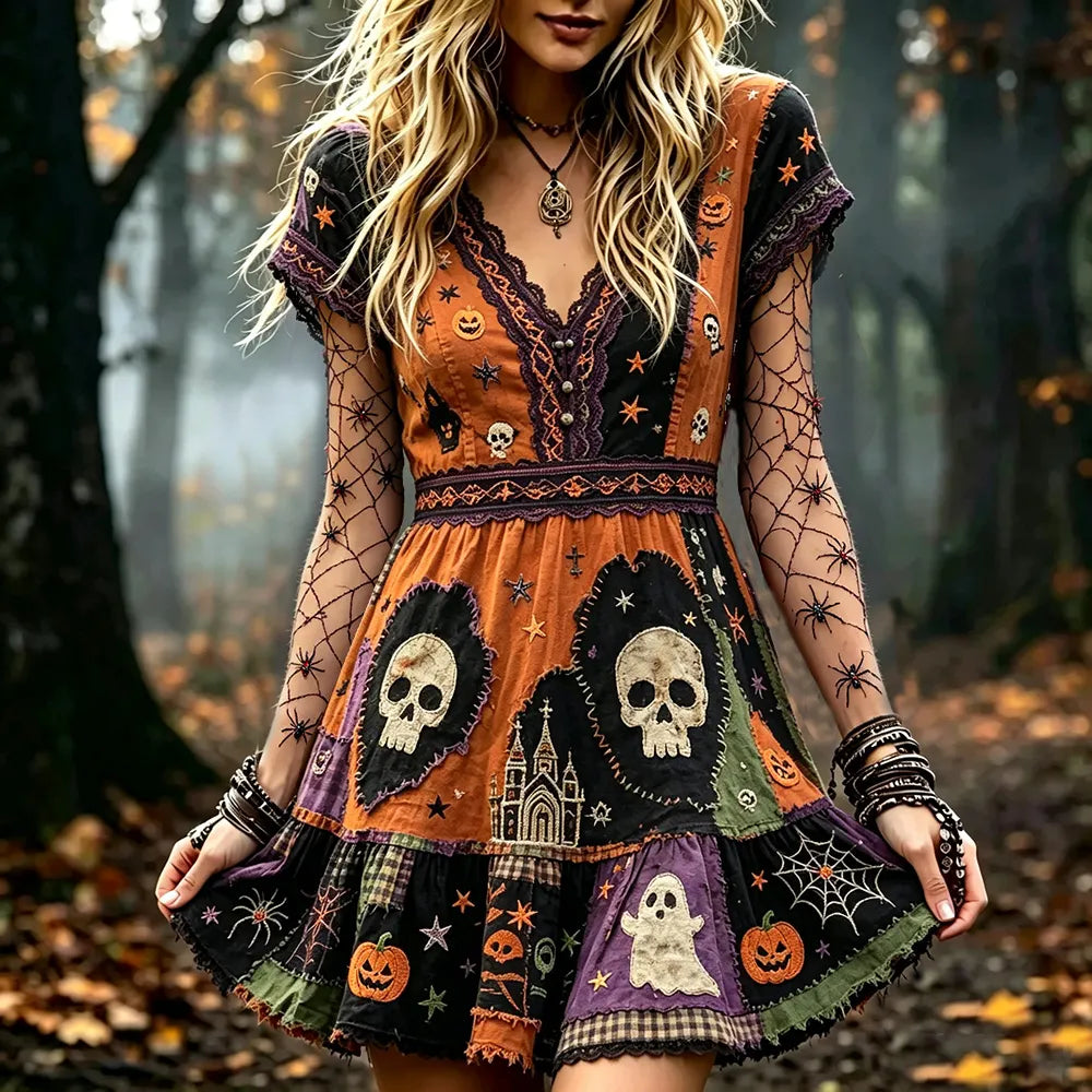 Women's Halloween Stitched Skeleton And Ghost Art Color-block Patchwork Casual V-neck Short Sleeve Dress