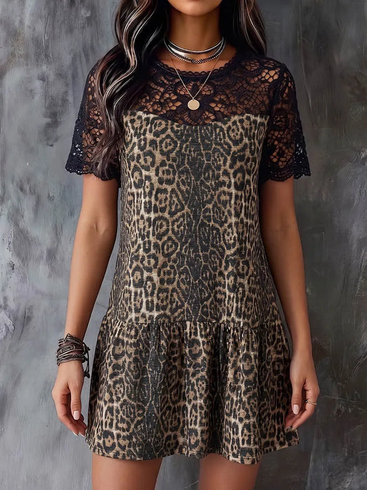 Vintage Art Comfortable Fabrics Hollowed Out Lace Patchwork LeopardDress