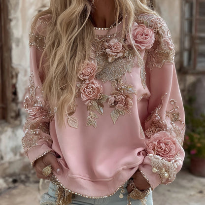 Women's Pink Rose Embroidery Art Round Neck Long Sleeve Casual Sweatshirt