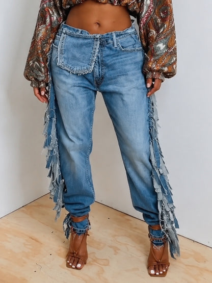 Distressed Fringe Jogger Denim Pants
