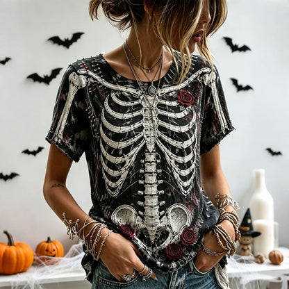 Women's Retro Halloween Style Floral Skull Embroidery Print Top