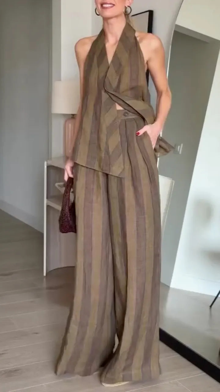 Olive Green Striped Linen Halter Neck 2 Piece Set