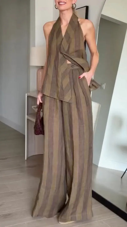 Olive Green Striped Linen Halter Neck 2 Piece Set