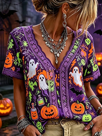 Women's Spooky Halloween Character Print Button-up Shirt