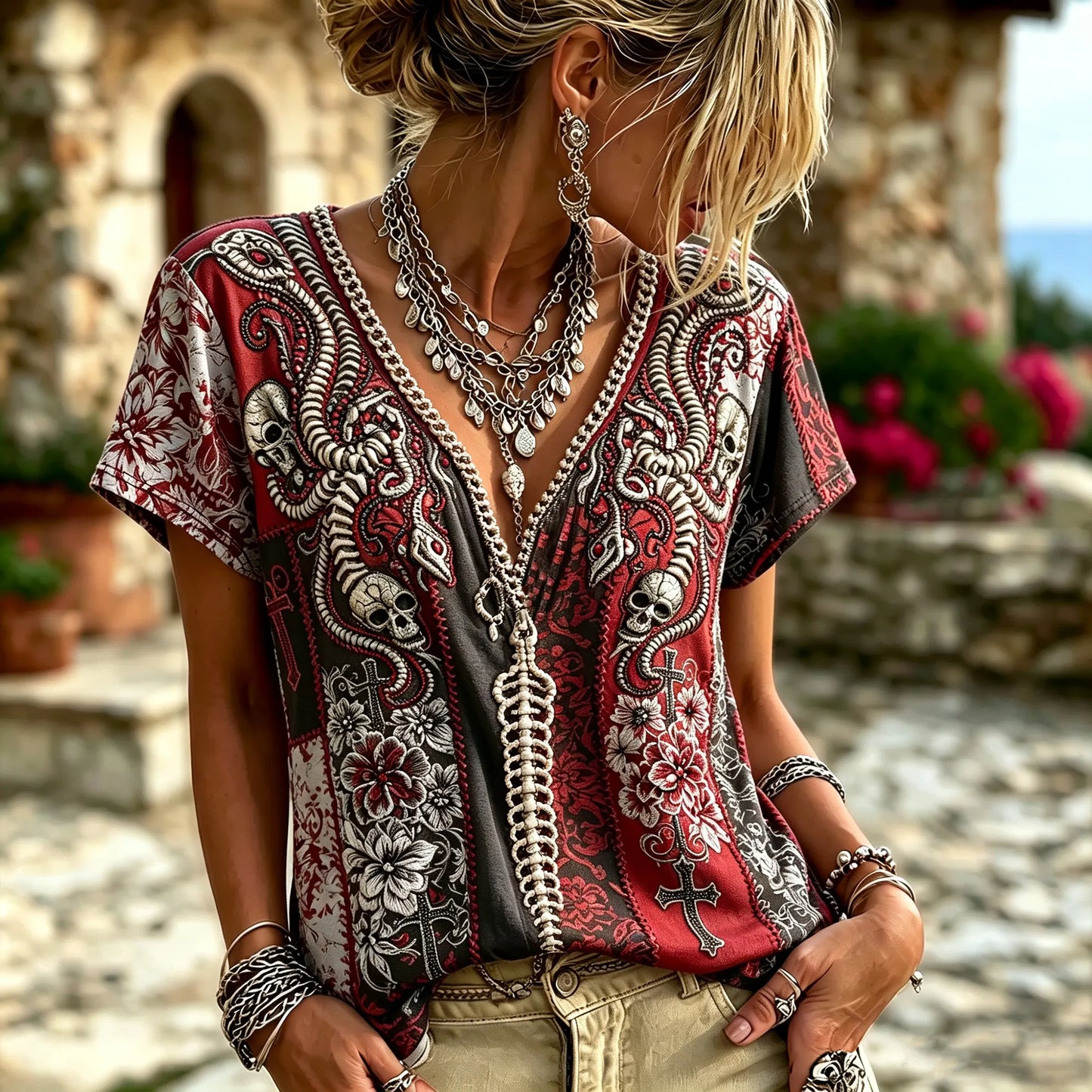 Women Vintage Halloween Gothic Snake Skeleton Skull Cross Floral Embroidery V Neck Short Sleeve Top