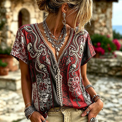 Women Vintage Halloween Gothic Snake Skeleton Skull Cross Floral Embroidery V Neck Short Sleeve Top