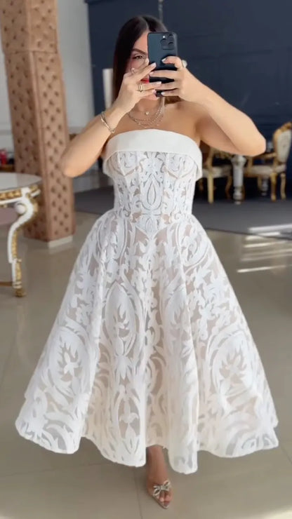 White Strapless Baroque Lace Midi Dress