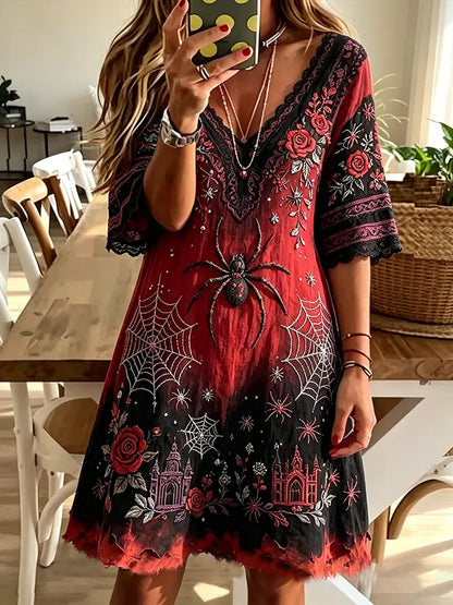 Women's Halloween Spider And Floral Art Gradient V-neck Short Sleeve Dress