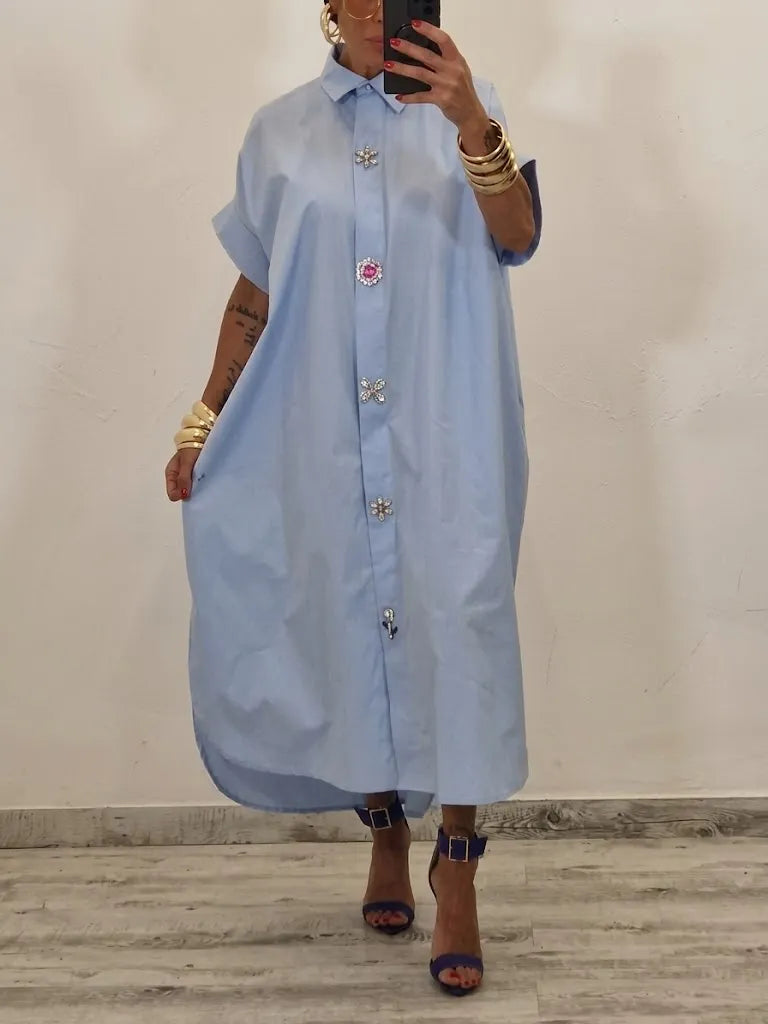 Casual Cotton Midi Shirt Dress With Crystal Button Embellishment