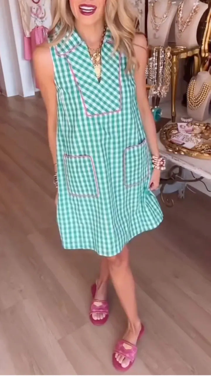 Green Gingham Sleeveless Shift Dress