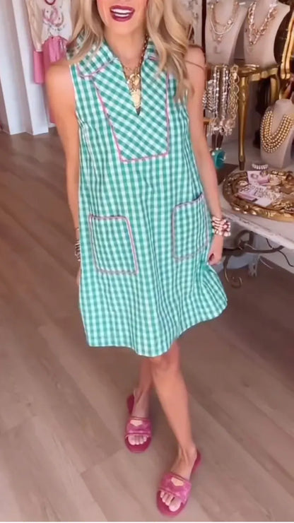 Green Gingham Sleeveless Shift Dress