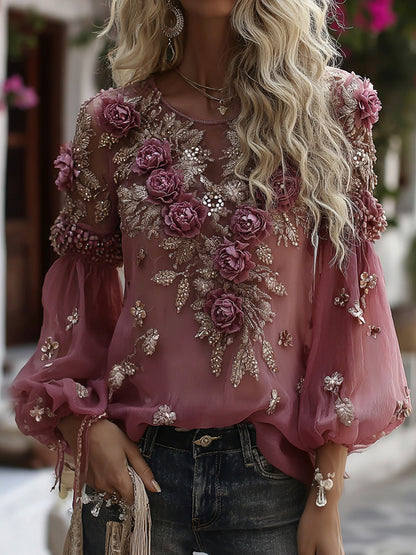 Women's Classic Romantic Rose Embroidery Art Long Sleeve Linen Blend T-shirt