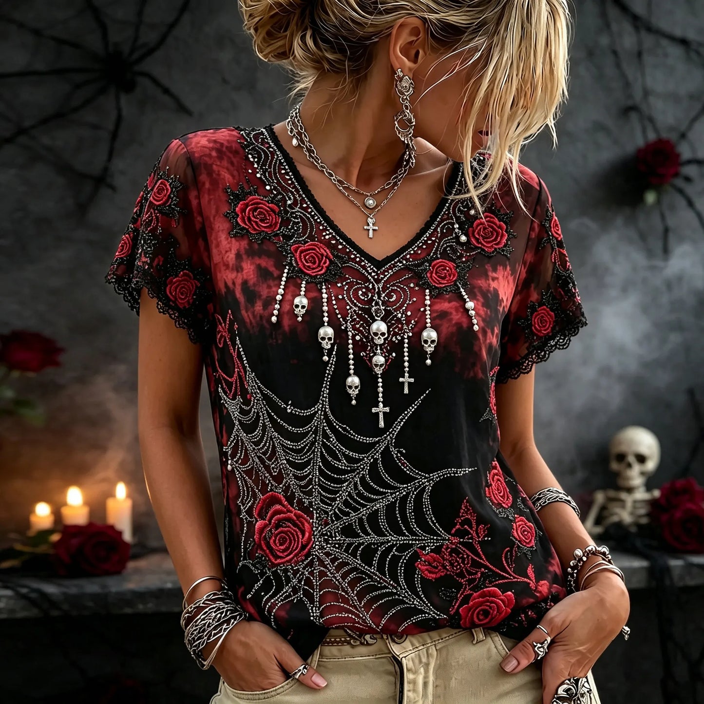 Women's Vintage Spider Skull Flower Embroidery Short Sleeve Top