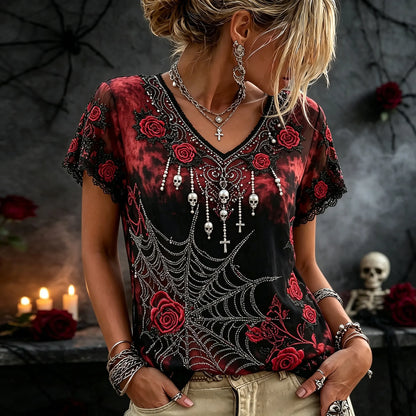 Women's Vintage Spider Skull Flower Embroidery Short Sleeve Top