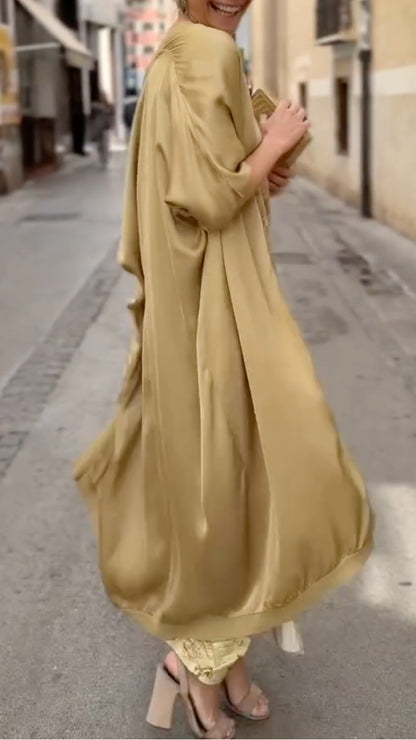 Women's Satin Long Cardigan & Printed Dress Set