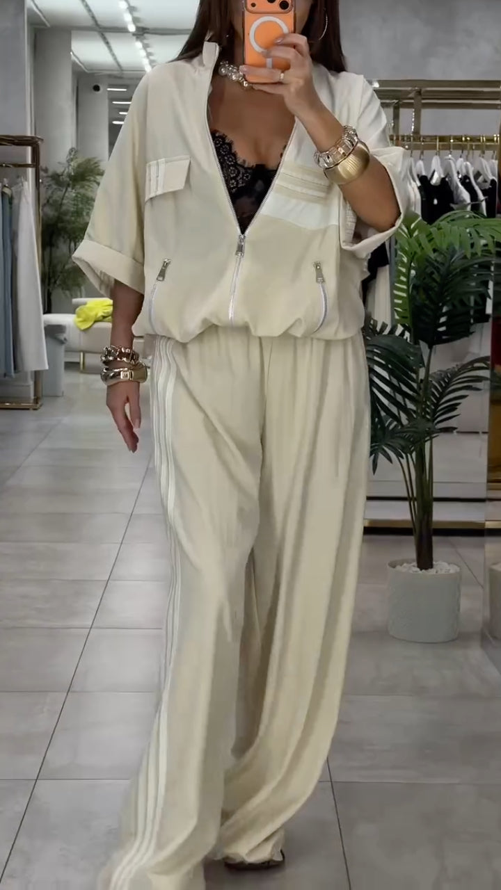 Beige Zip-Front Jacket & Wide Leg Pants Co-Ord Set