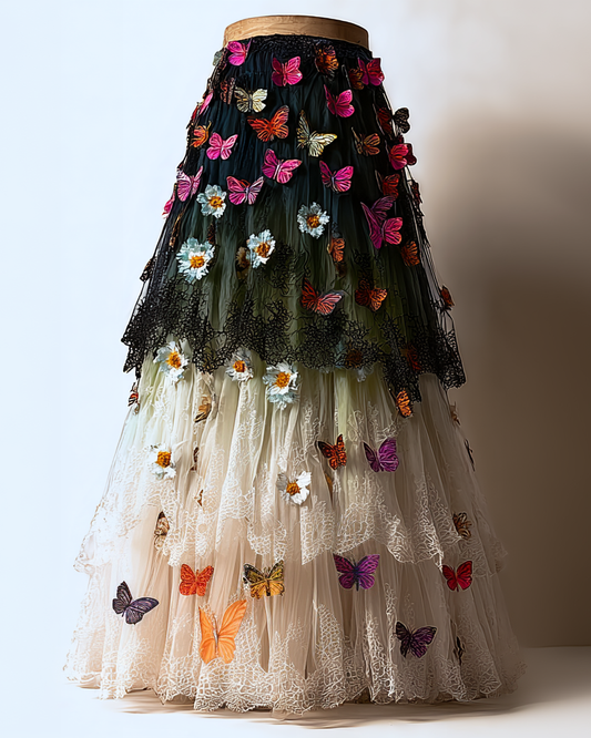 Elegant Patchwork Ruffle Long Skirt  6cc1