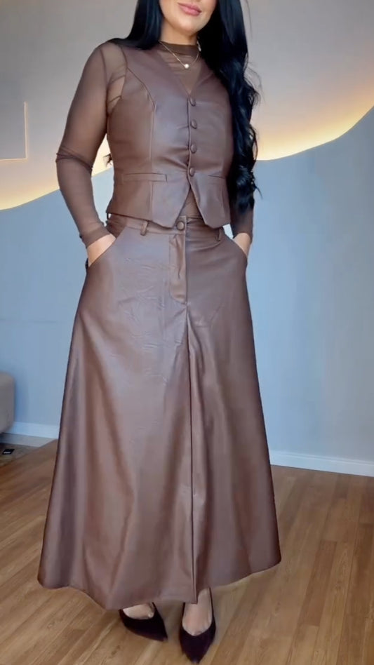 Brown Faux Leather Vest & A‑Line Midi Skirt Co‑Ord Set