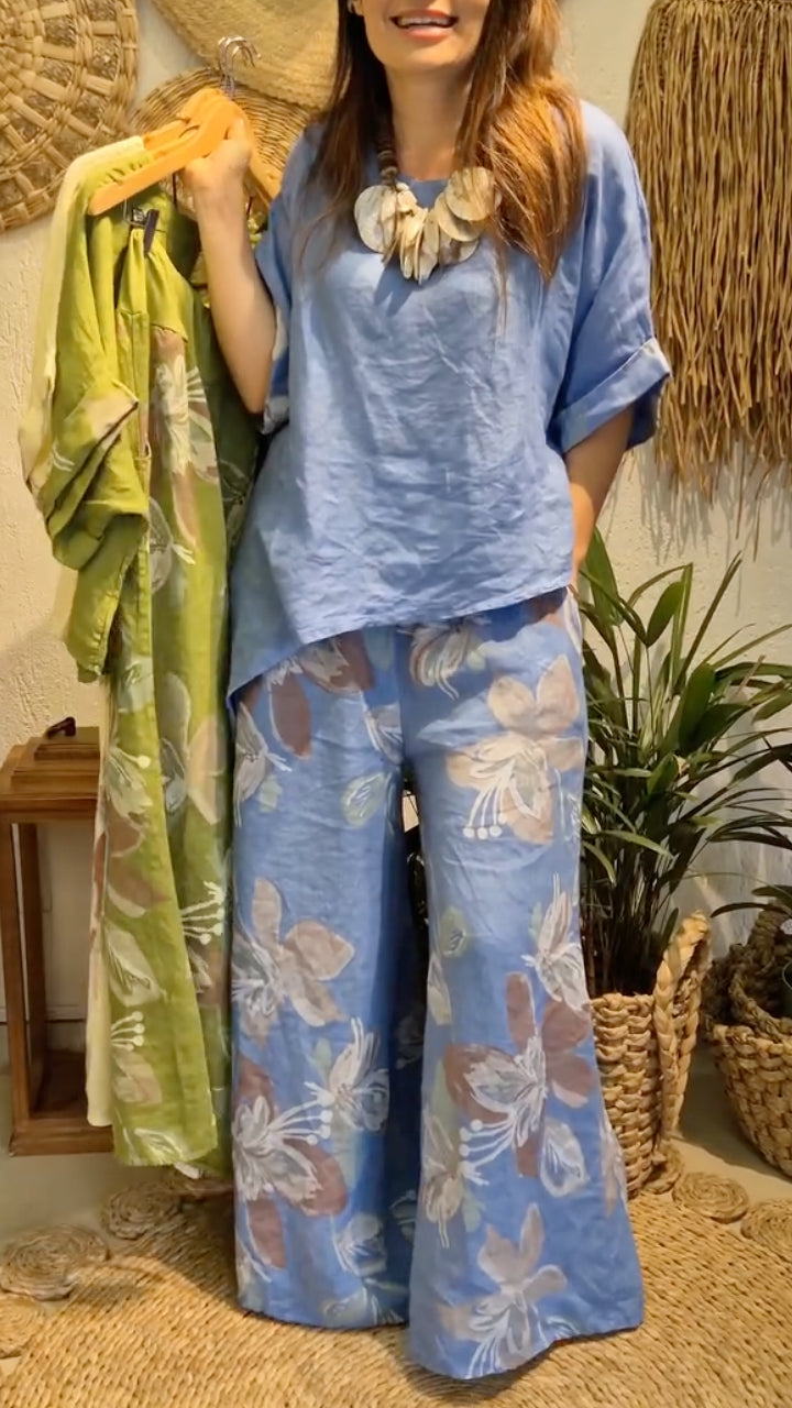 Women's Round Neck Printed Loose Cotton And Linen Suit