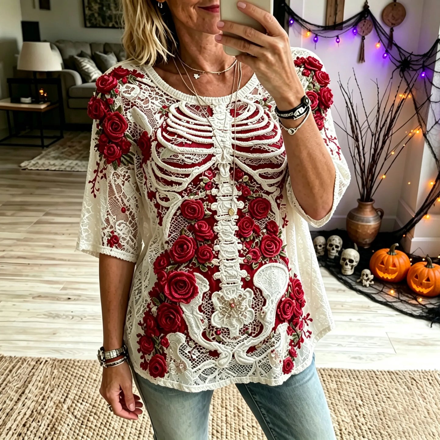 Women's Retro Halloween Bloody Human Skeleton With Floral Art Casual Tops