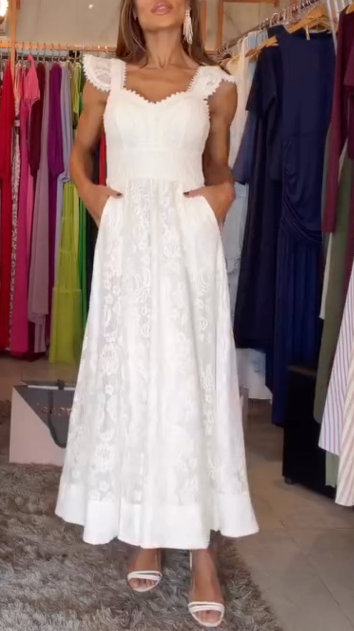 Lace Scallop Square Neck Pocket Flowy Maxi Wedding Dress