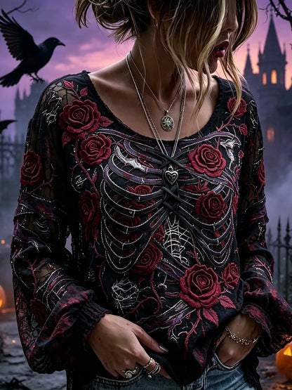 Women's Retro Halloween Floral And Bone Embroidered Long-sleeved Top
