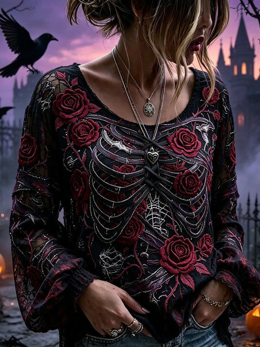 Women's Retro Halloween Floral And Bone Embroidered Long-sleeved Top