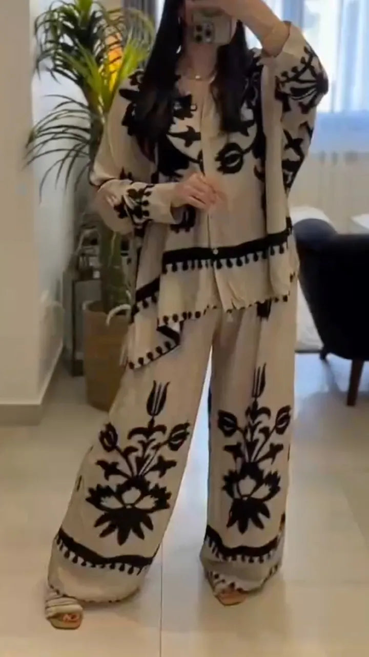 Beige Black Floral Print Co-Ord Set