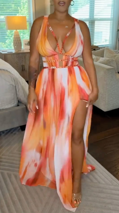 Orange Tie-Dye Halter Maxi Dress