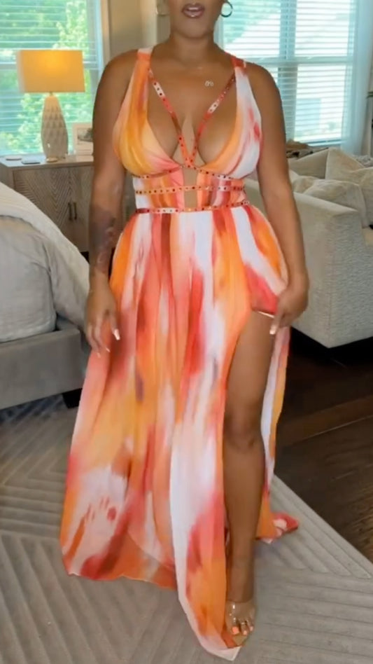 Orange Tie-Dye Halter Maxi Dress