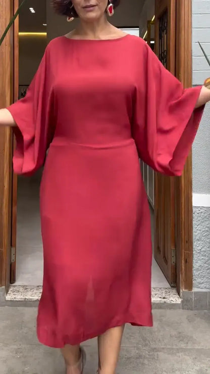 Red Kimono-Sleeve Midi Dress