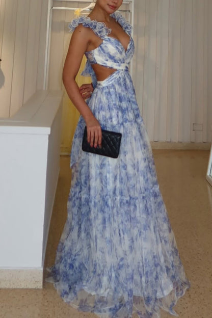 Women's V-Neck Cutout Tiered Tulle Maxi Dress With Flower Straps