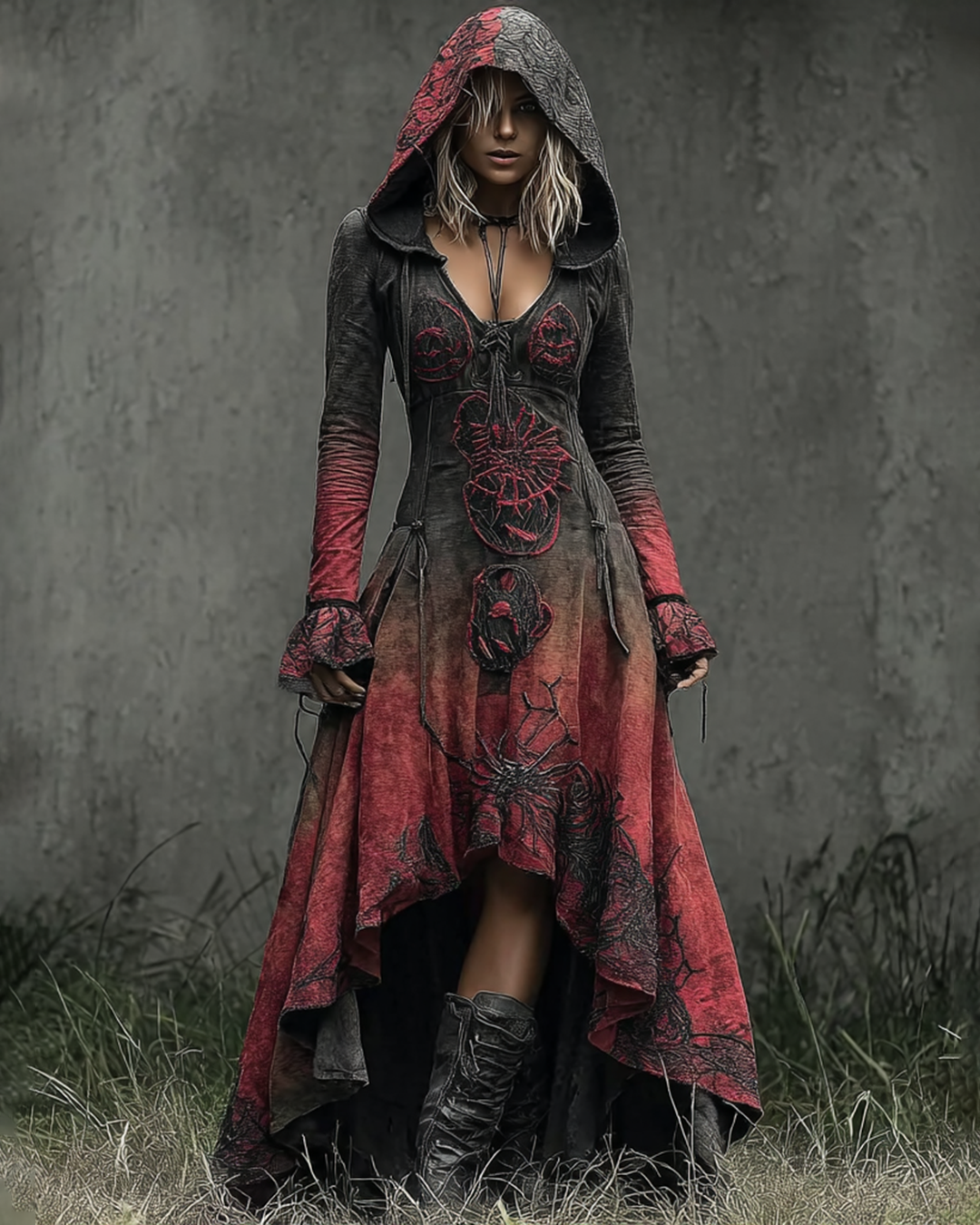 Halloween Themed Irregular Gradient Embroidered Hooded Dress 5b16