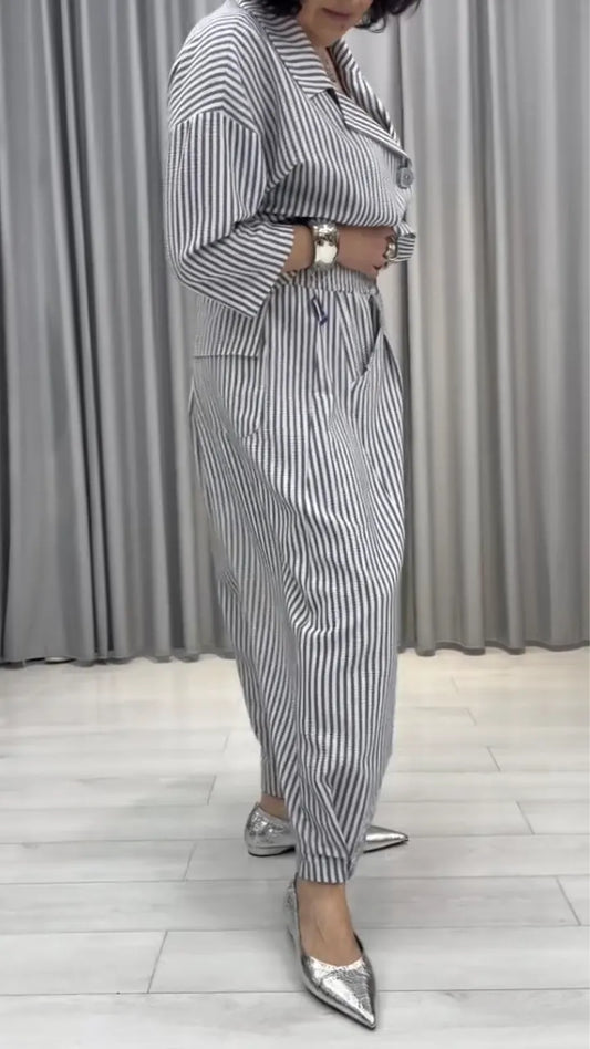 Grey Striped Linen-Blend Co-Ord Set