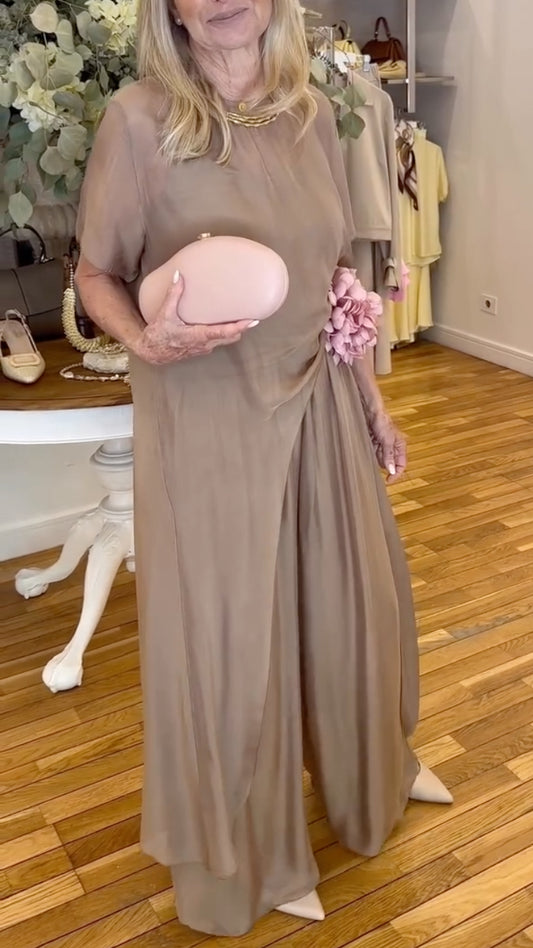 Taupe Chiffon Top & Wide Leg Pants Set