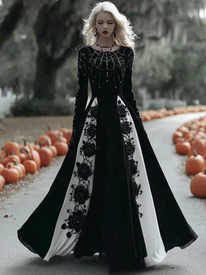 Women's  Halloween Black Roses With Spider Web Art Comfy Velvet Round Neck Maxi Dress